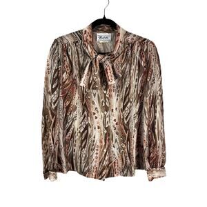 Vintage Teddi of California Blouse Scarf Collar Brown Art Print 80s Women's 10